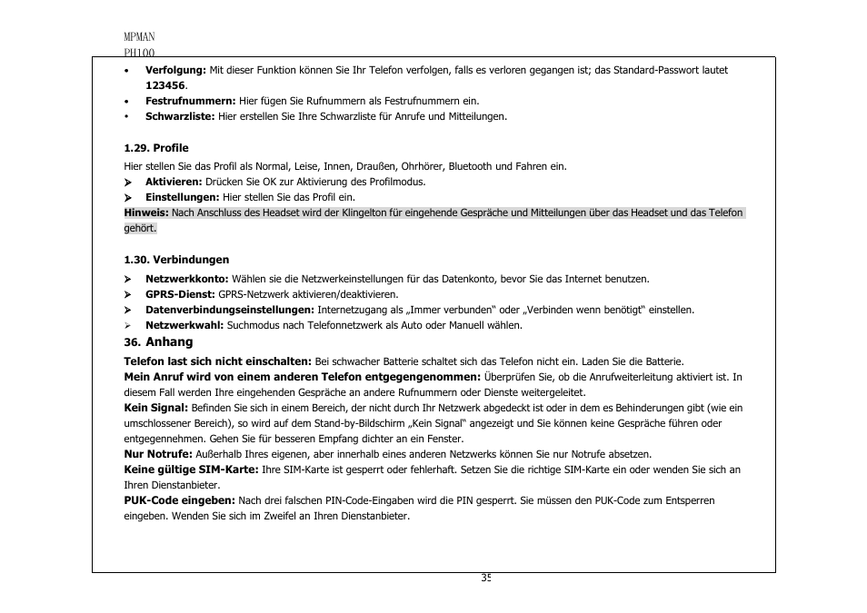 Profile, Verbindungen, Anhang | Mpman PH100 User Manual | Page 35 / 60