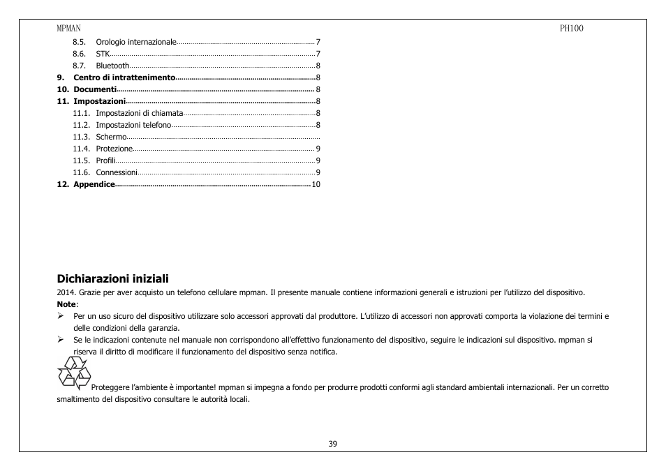 Dichiarazioni iniziali | Mpman PH100 User Manual | Page 39 / 60