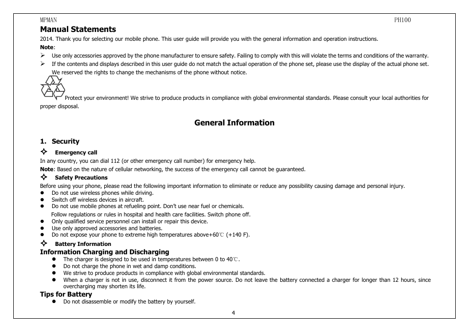 Security, Manual statements, General information | Mpman PH100 User Manual | Page 4 / 60