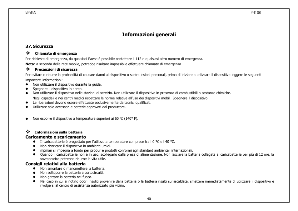 Sicurezza, Informazioni generali | Mpman PH100 User Manual | Page 40 / 60