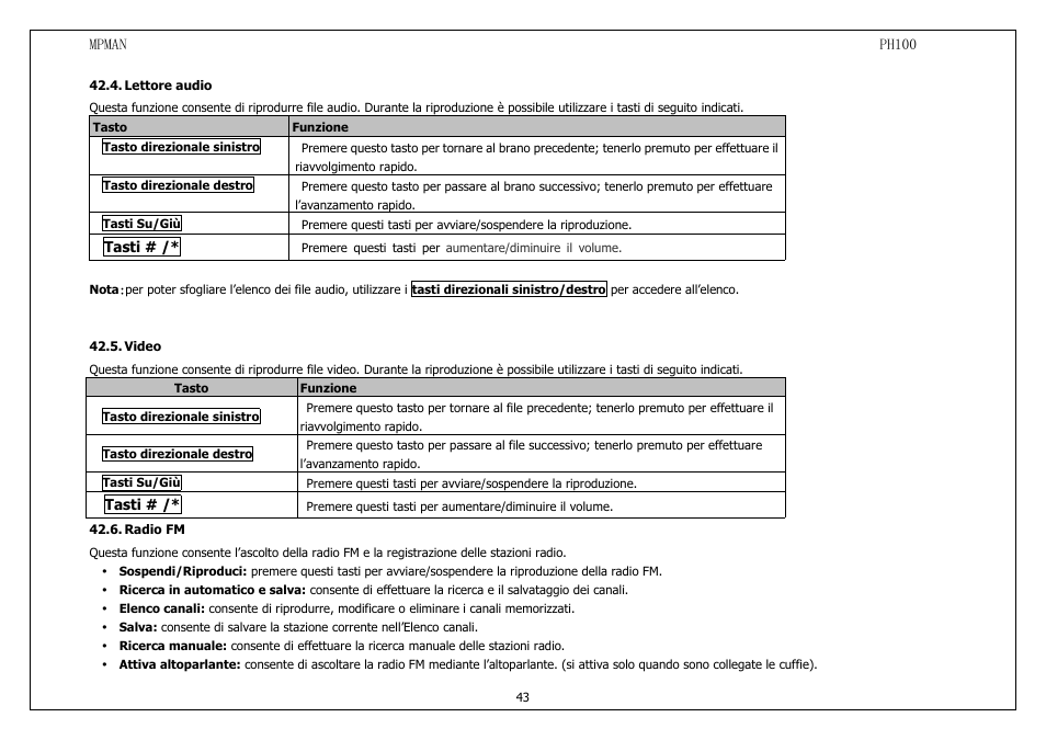 Lettoreaudio, Video, Radiofm | Mpman PH100 User Manual | Page 43 / 60