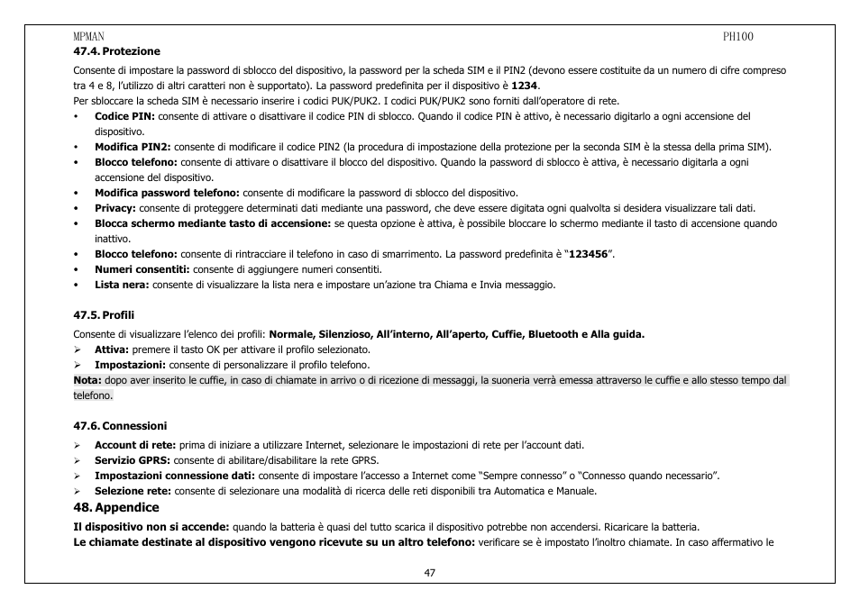 Protezione, Profili, Connessioni | Appendice | Mpman PH100 User Manual | Page 47 / 60