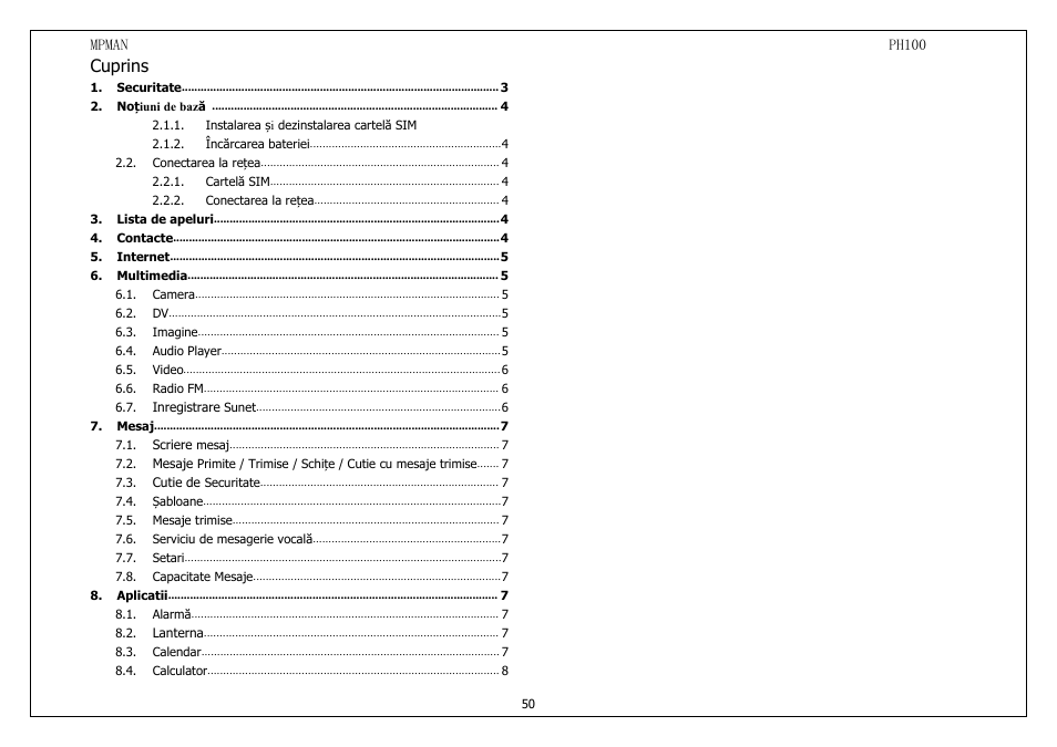 Cuprins | Mpman PH100 User Manual | Page 50 / 60