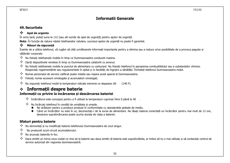 Securitate, Informații despre baterie | Mpman PH100 User Manual | Page 52 / 60
