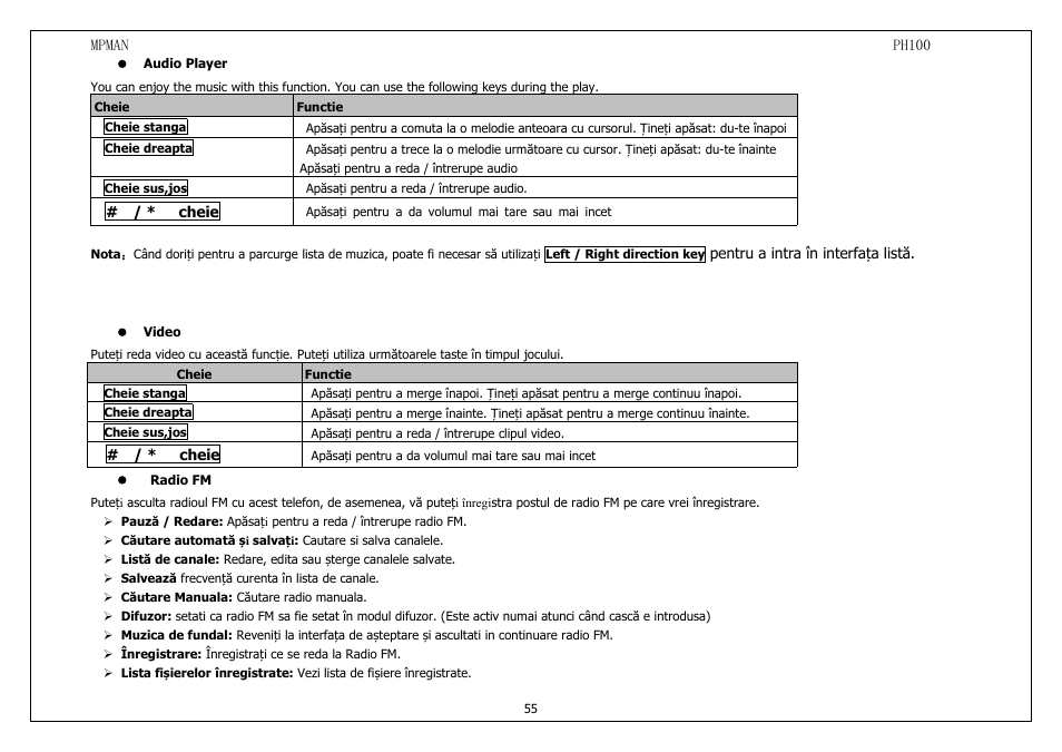 Audioplayer, Video, Radiofm | Mpman PH100 User Manual | Page 55 / 60