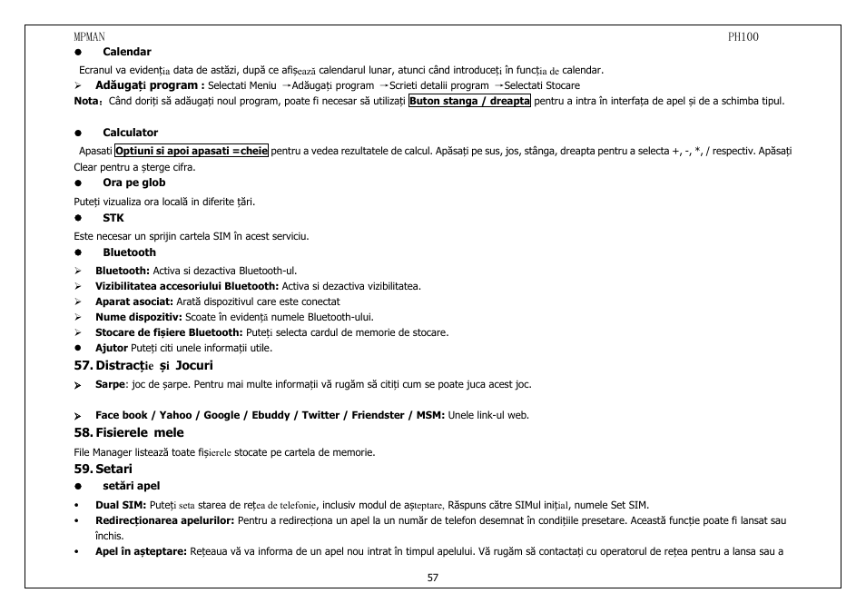 Calendar, Calculator, Orapeglob | Bluetooth, Distracțieșijocuri, Fisierelemele, Setari, Setăriapel | Mpman PH100 User Manual | Page 57 / 60