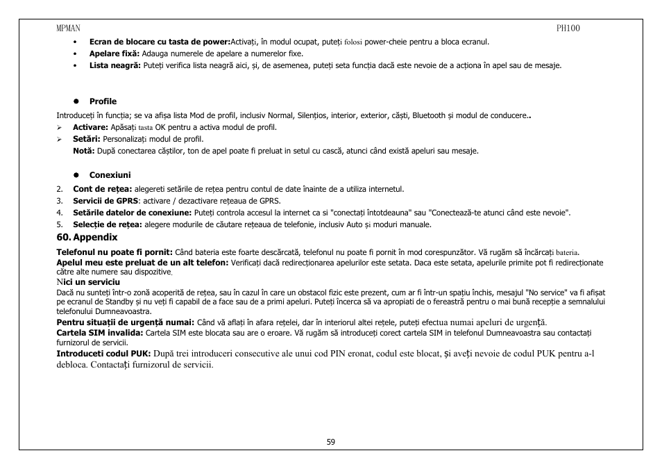 Profile, Conexiuni, Appendix | Mpman PH100 User Manual | Page 59 / 60