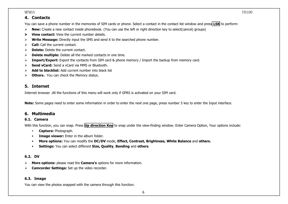 Contacts, Internet, Multimedia | Camera, Image | Mpman PH100 User Manual | Page 6 / 60
