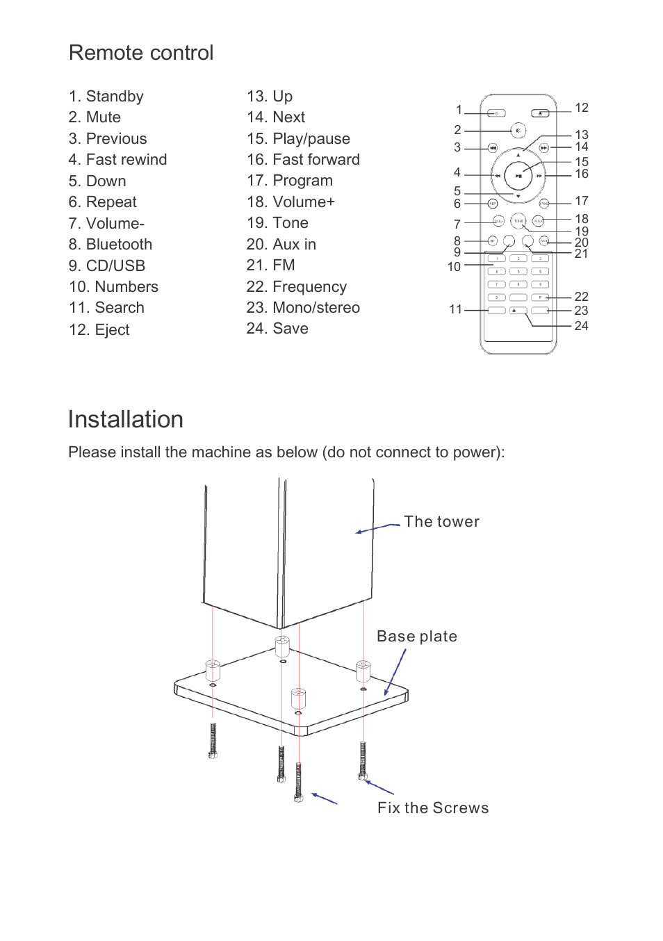 Installation, Remote control | Mpman TCD600 User Manual | Page 5 / 11