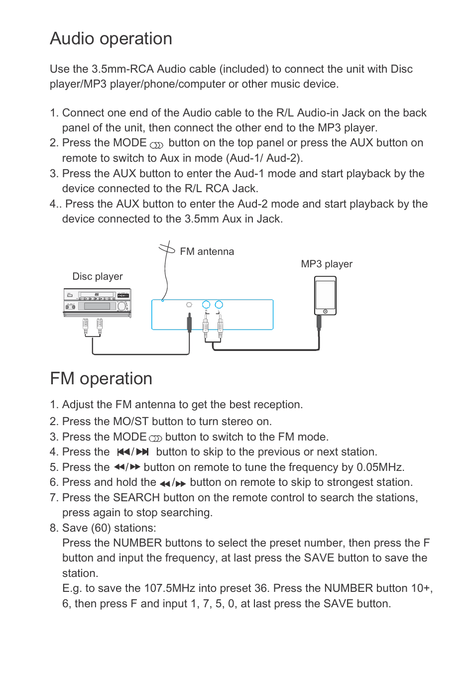 Audio operation, Fm operation | Mpman TCD600 User Manual | Page 9 / 11