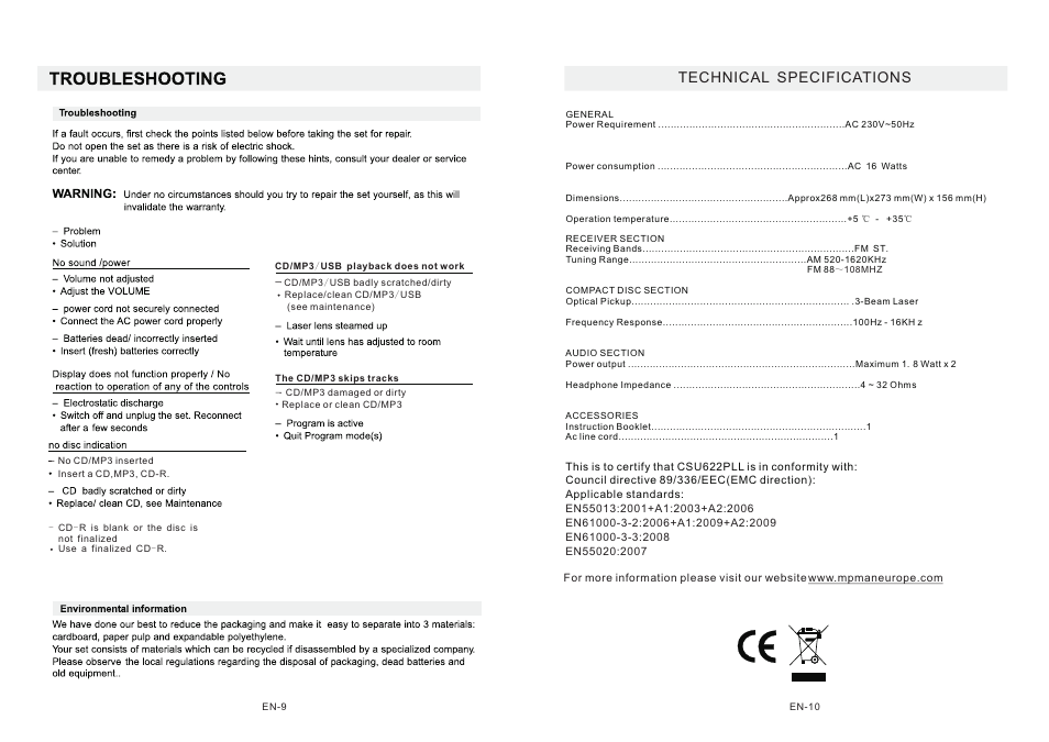 Technical specifications | Mpman CSU622PLL User Manual | Page 12 / 30