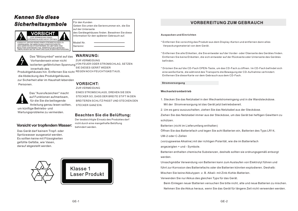 Vorsicht, Vorbereitung zum gebrauch | Mpman CSU622PLL User Manual | Page 14 / 30