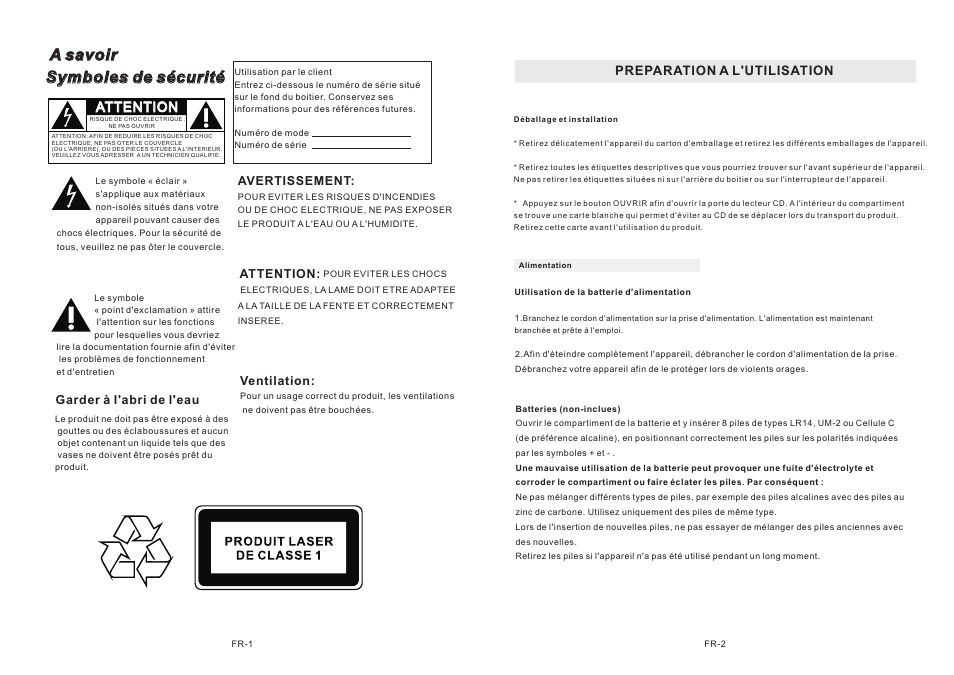 Attention, Preparation a l'utilisation | Mpman CSU622PLL User Manual | Page 2 / 30
