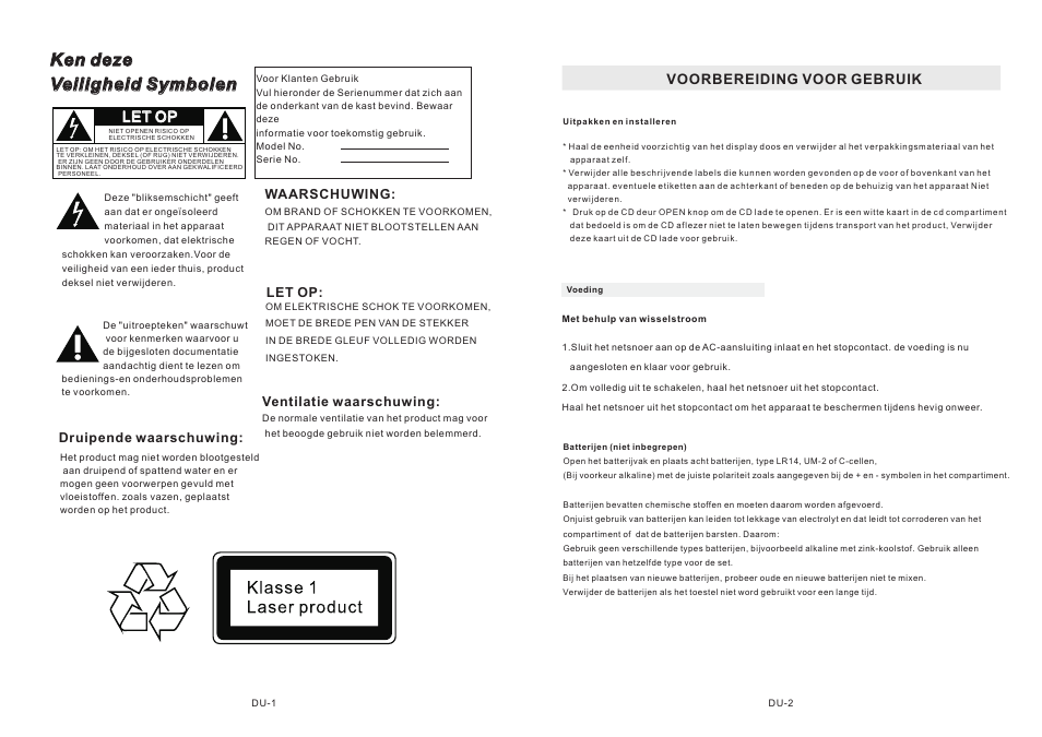 Let op, Voorbereiding voor gebruik | Mpman CSU622PLL User Manual | Page 20 / 30