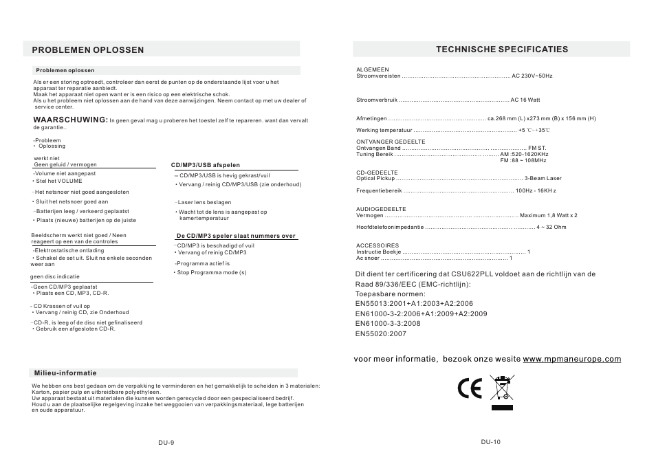 Technische specificaties, Problemen oplossen | Mpman CSU622PLL User Manual | Page 24 / 30