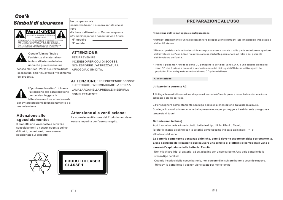 Attenzione, Preparazione all'uso | Mpman CSU622PLL User Manual | Page 26 / 30