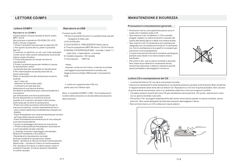 Lettore cd/mp3, Manutenzione e sicurezza | Mpman CSU622PLL User Manual | Page 29 / 30
