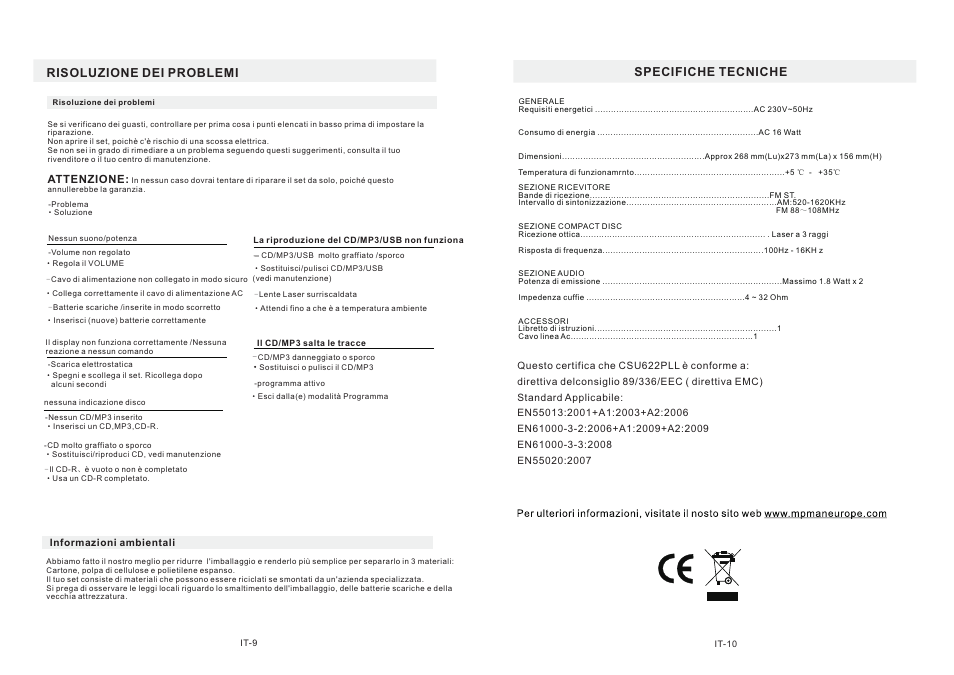 Specifiche tecniche, Risoluzione dei problemi | Mpman CSU622PLL User Manual | Page 30 / 30