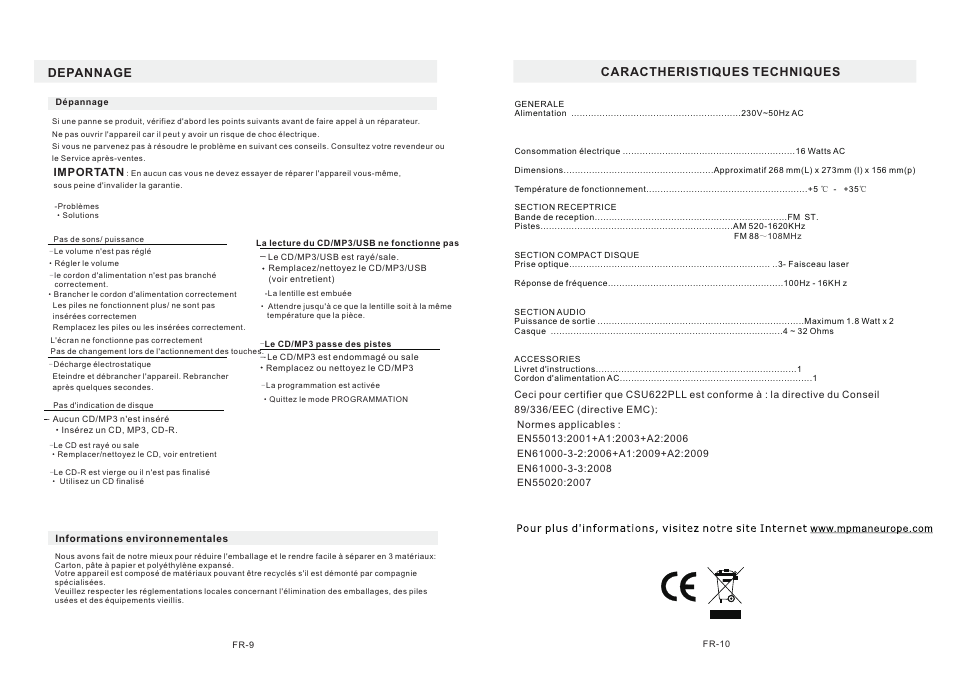 Caractheristiques techniques, Depannage | Mpman CSU622PLL User Manual | Page 6 / 30