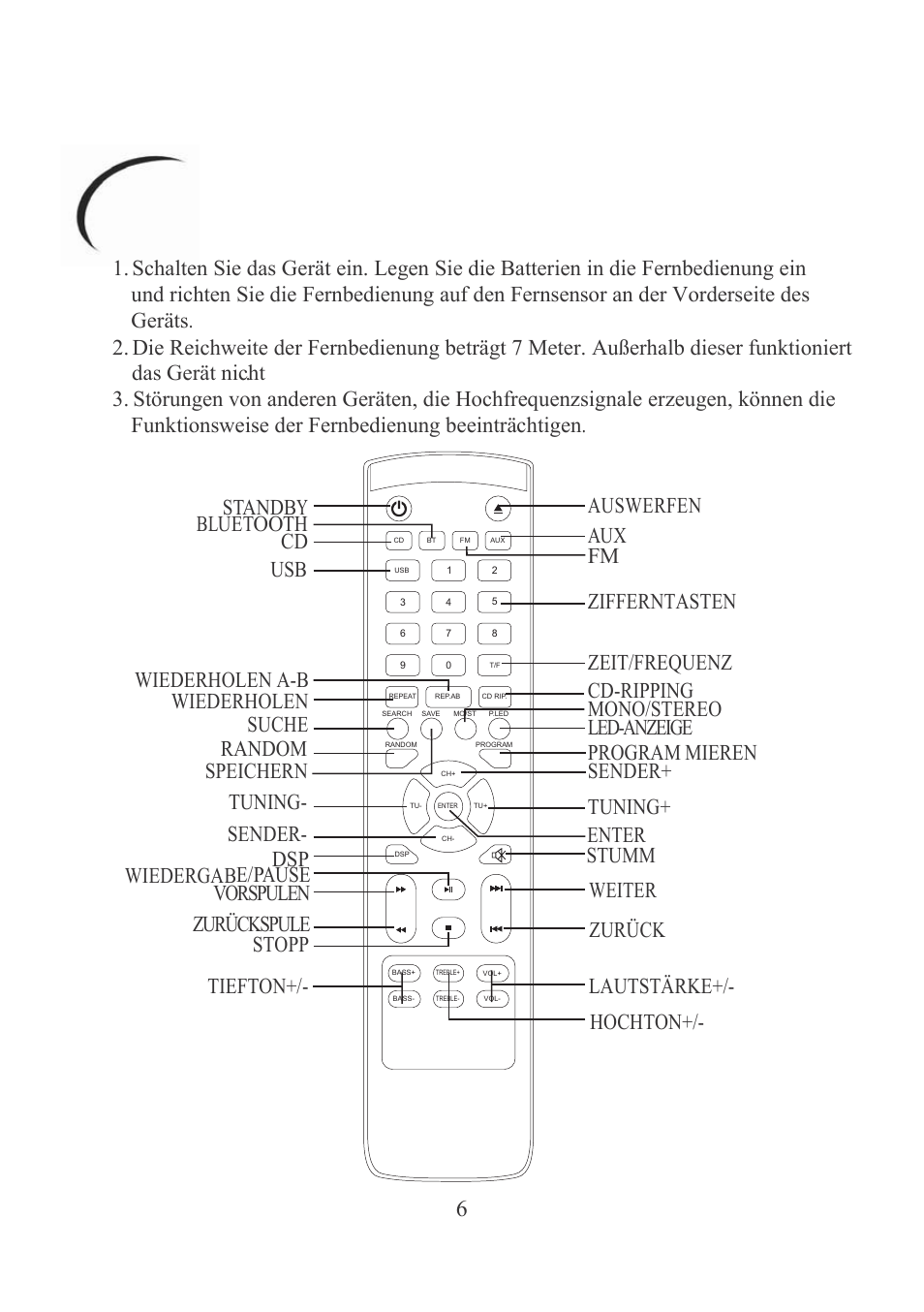 Fernbedienung, Standby bluetooth cd usb, Auswerfen | Aux fm, Zifferntasten, Wiederholen a-b, Zeit/frequenz cd-ripping wiederholen, Mono/stereo, Suche, Zurückspule stopp | Mpman MINI300BT User Manual | Page 41 / 116
