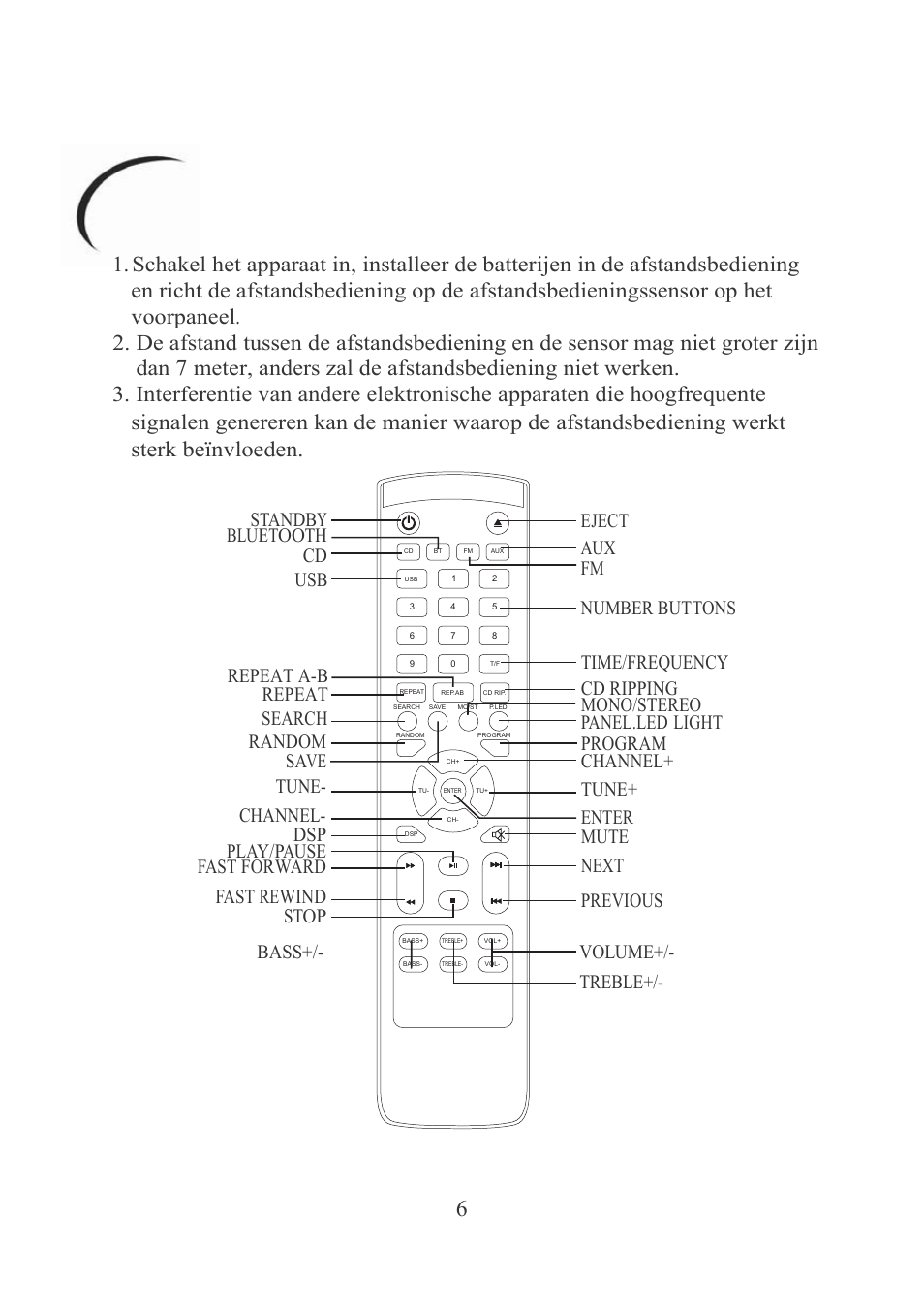 Afstandsbediening, Standby bluetooth, Eject | Aux fm, Number buttons, Repeat a-b, Time/frequency cd ripping, Repeat, Mono/stereo, Search | Mpman MINI300BT User Manual | Page 81 / 116