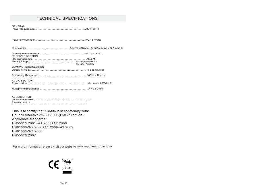 Technical specifications | Mpman XRM35 User Manual | Page 7 / 7