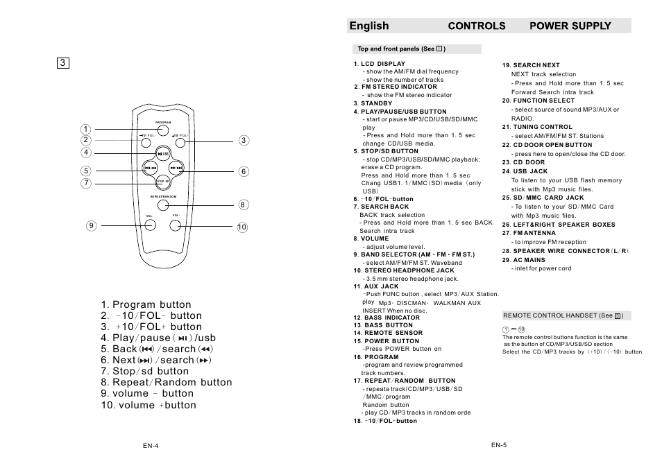 页面 3, Program, Button 2 | Button, Button 4, Play, Pause, Usb 5, Back, Search | Mpman XRM15 User Manual | Page 3 / 7