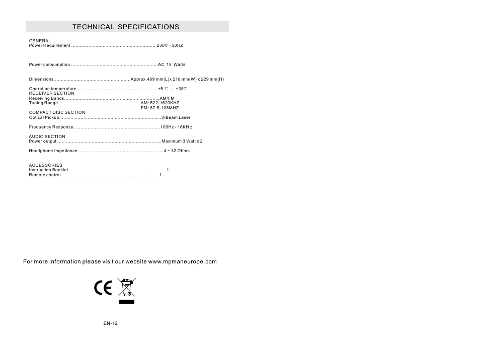 页面 7, Technical specifications | Mpman XRM15 User Manual | Page 7 / 7