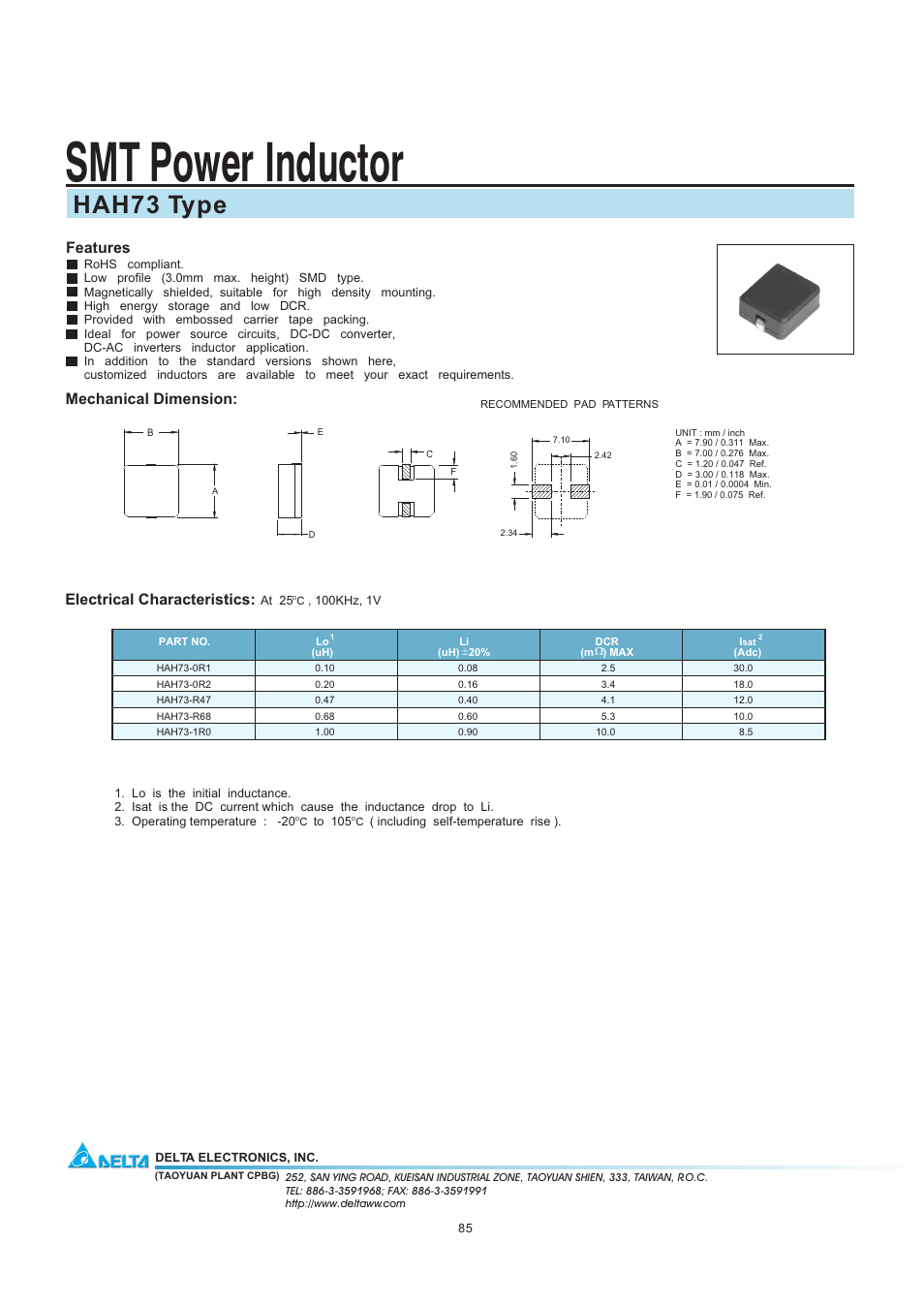 Delta Electronics SMT Power Inductor HAH73 User Manual | 1 page