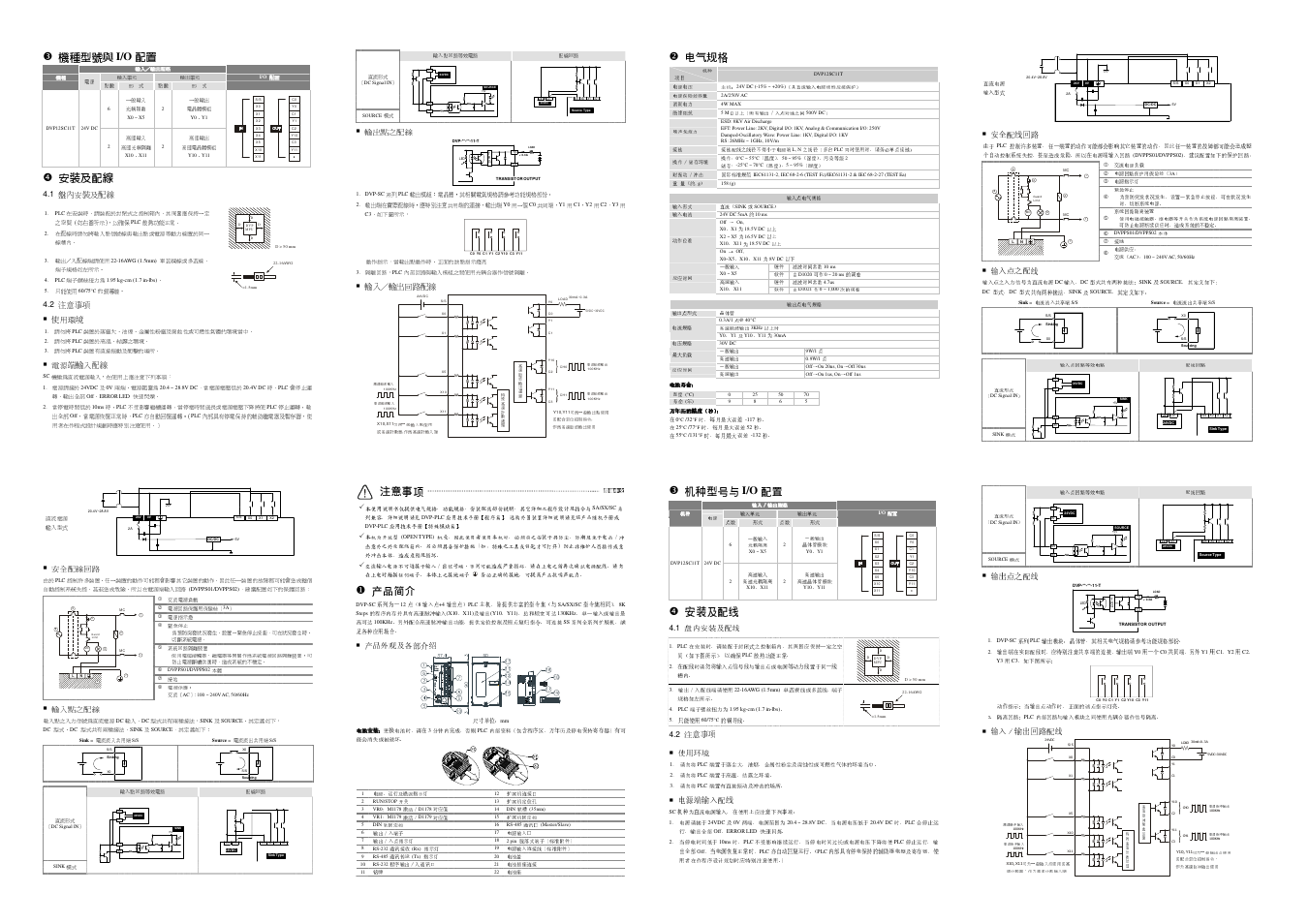 24vdc, 機種型號與 i/o 配置, 安裝及配線 | 注意事項, 產品簡介, 電氣規格 | Delta Electronics Programmable Logic Controller DVP-SC User Manual | Page 2 / 2