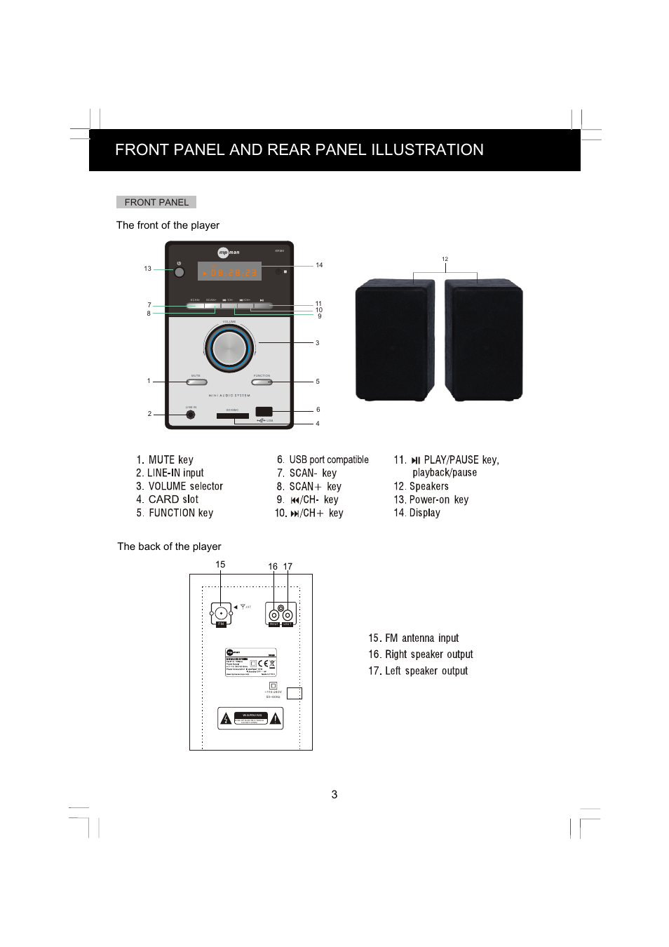 页面 4, Front panel and rear panel illustration, The front of the player the back of the player | Front panel | Mpman XRM6 User Manual | Page 4 / 8