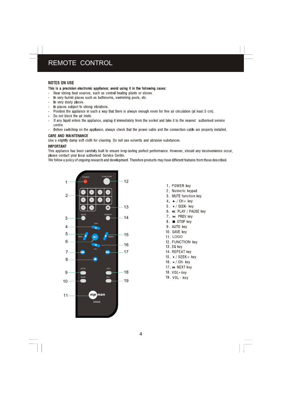 页面 5, Remote control | Mpman XRM6 User Manual | Page 5 / 8