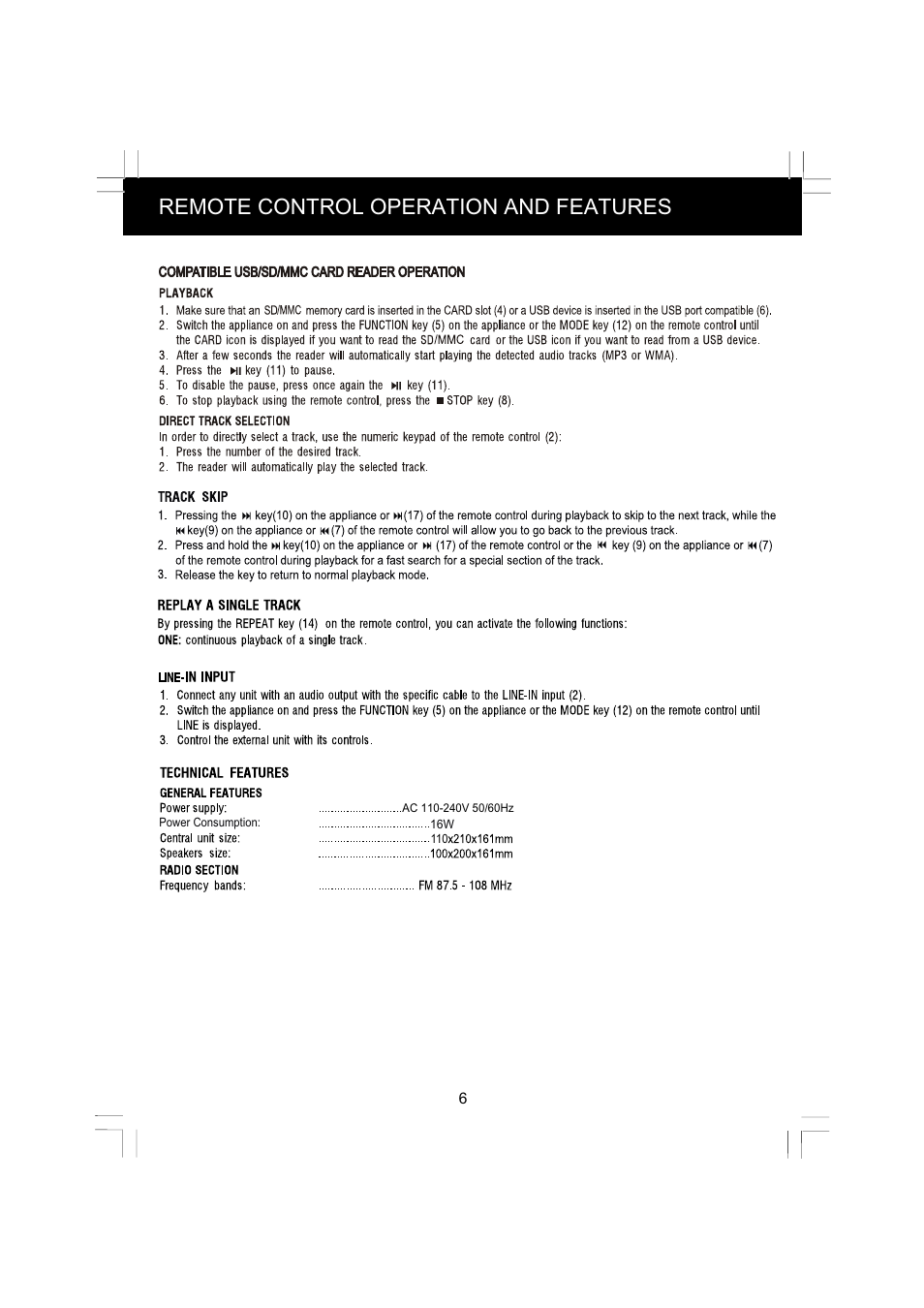 页面 7, Remote control operation and features | Mpman XRM6 User Manual | Page 7 / 8