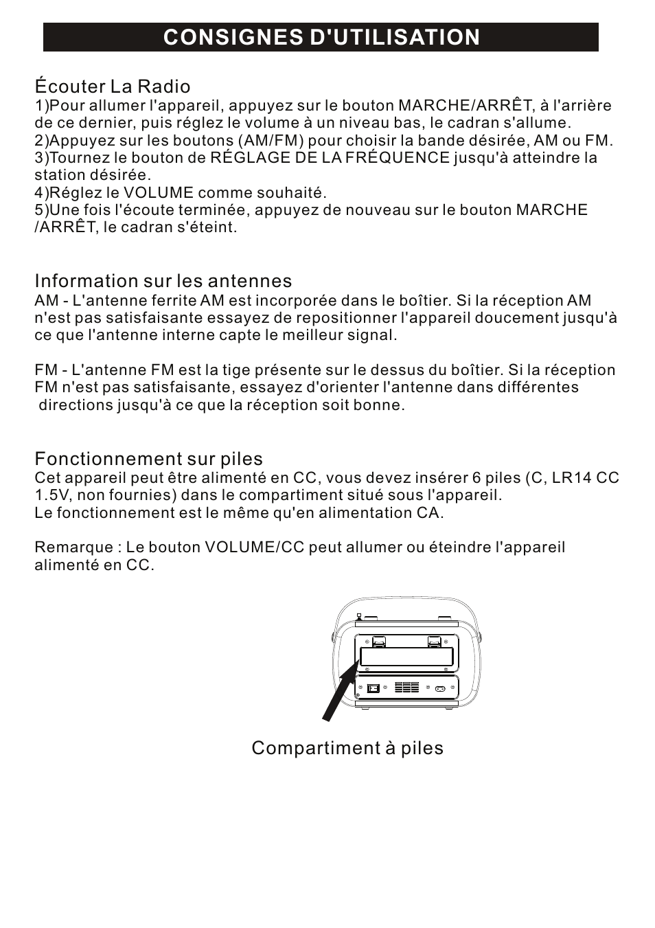 Consignes d'utilisation, Écouter la radio, Information sur les antennes | Fonctionnement sur piles, Compartiment à piles | Mpman RPV100 User Manual | Page 14 / 30