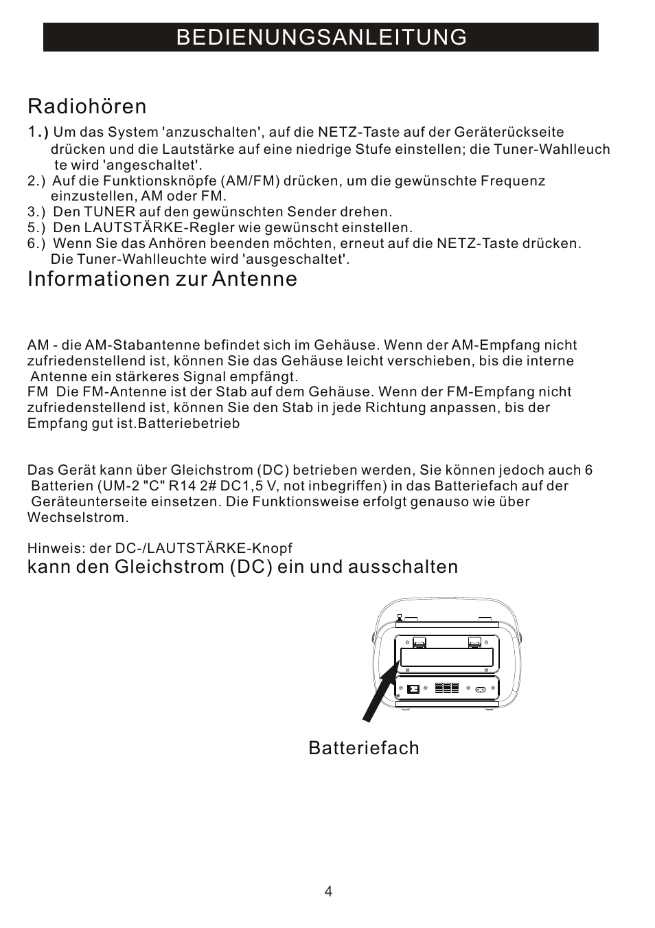 Bedienungsanleitung, Radiohören, Informationen zur antenne | Kann den gleichstrom (dc) ein und ausschalten, Batteriefach | Mpman RPV100 User Manual | Page 19 / 30