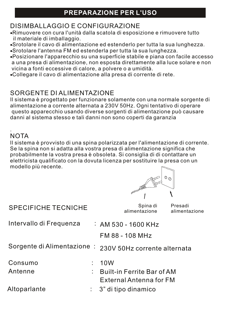 Disimballaggio e configurazione, Sorgente di alimentazione, Nota | Preparazione per l'uso | Mpman RPV100 User Manual | Page 22 / 30