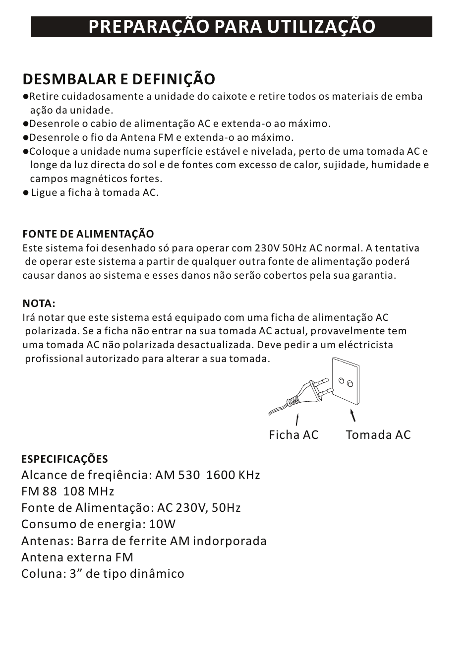 Preparação para utilização, Desmbalar e definição, Ficha ac tomada ac | Mpman RPV100 User Manual | Page 27 / 30