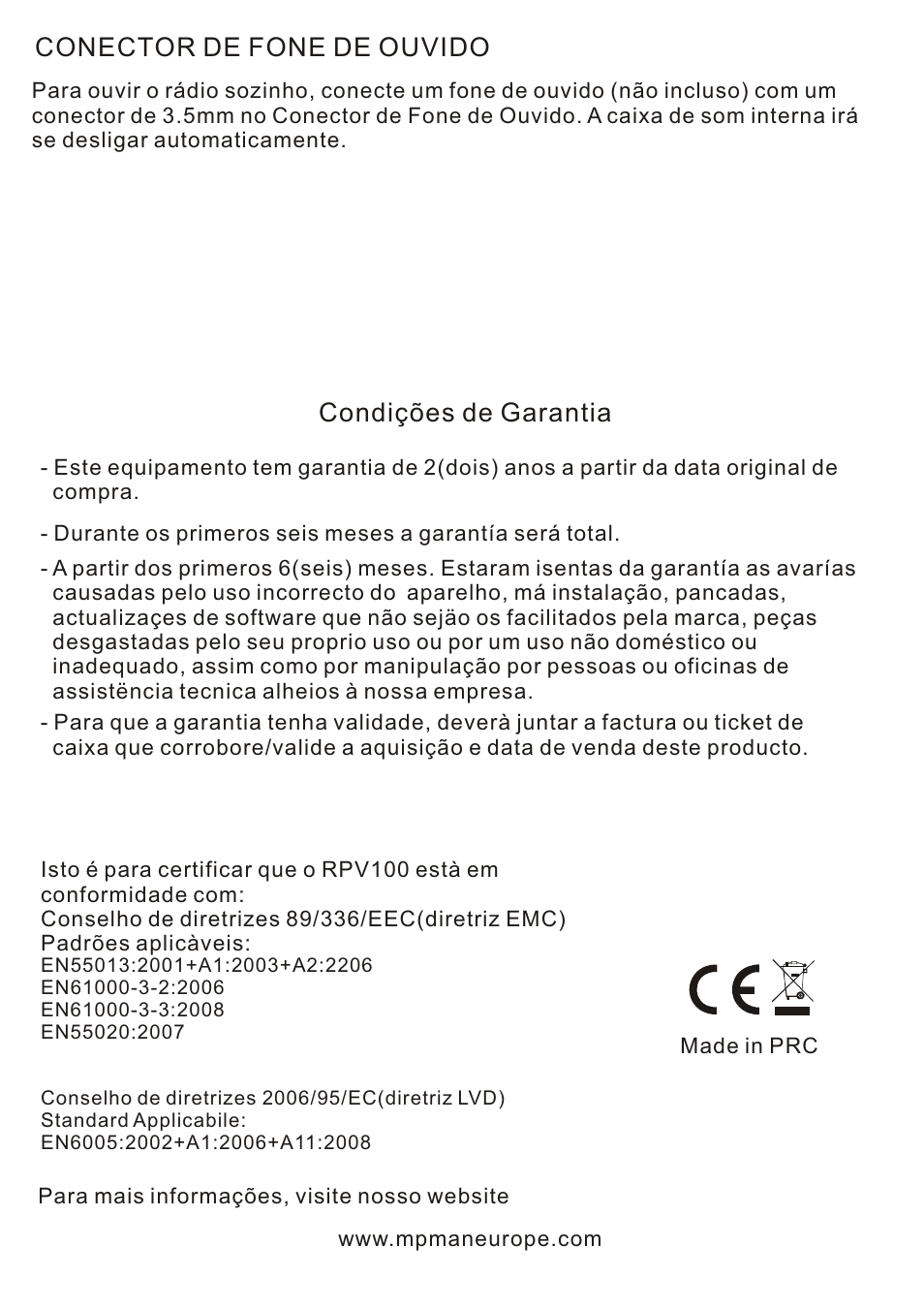 Conector de fone de ouvido, Condições de garantia | Mpman RPV100 User Manual | Page 30 / 30
