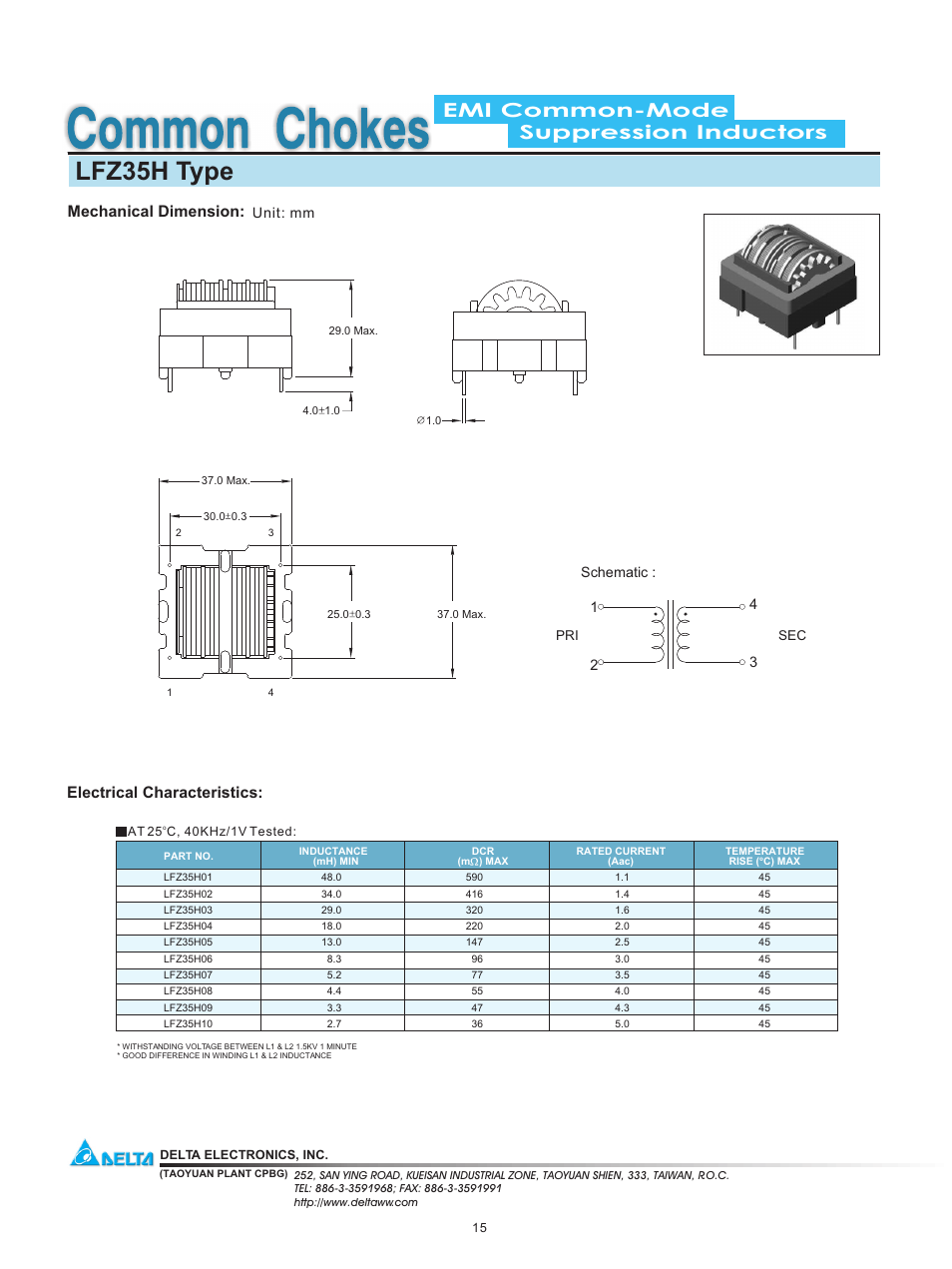 Delta Electronics Suppression Inductors LFZ35H User Manual | 1 page