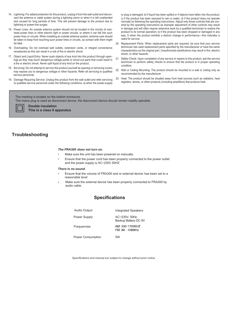 Troubleshooting specifications | Mpman FRA300 User Manual | Page 2 / 3