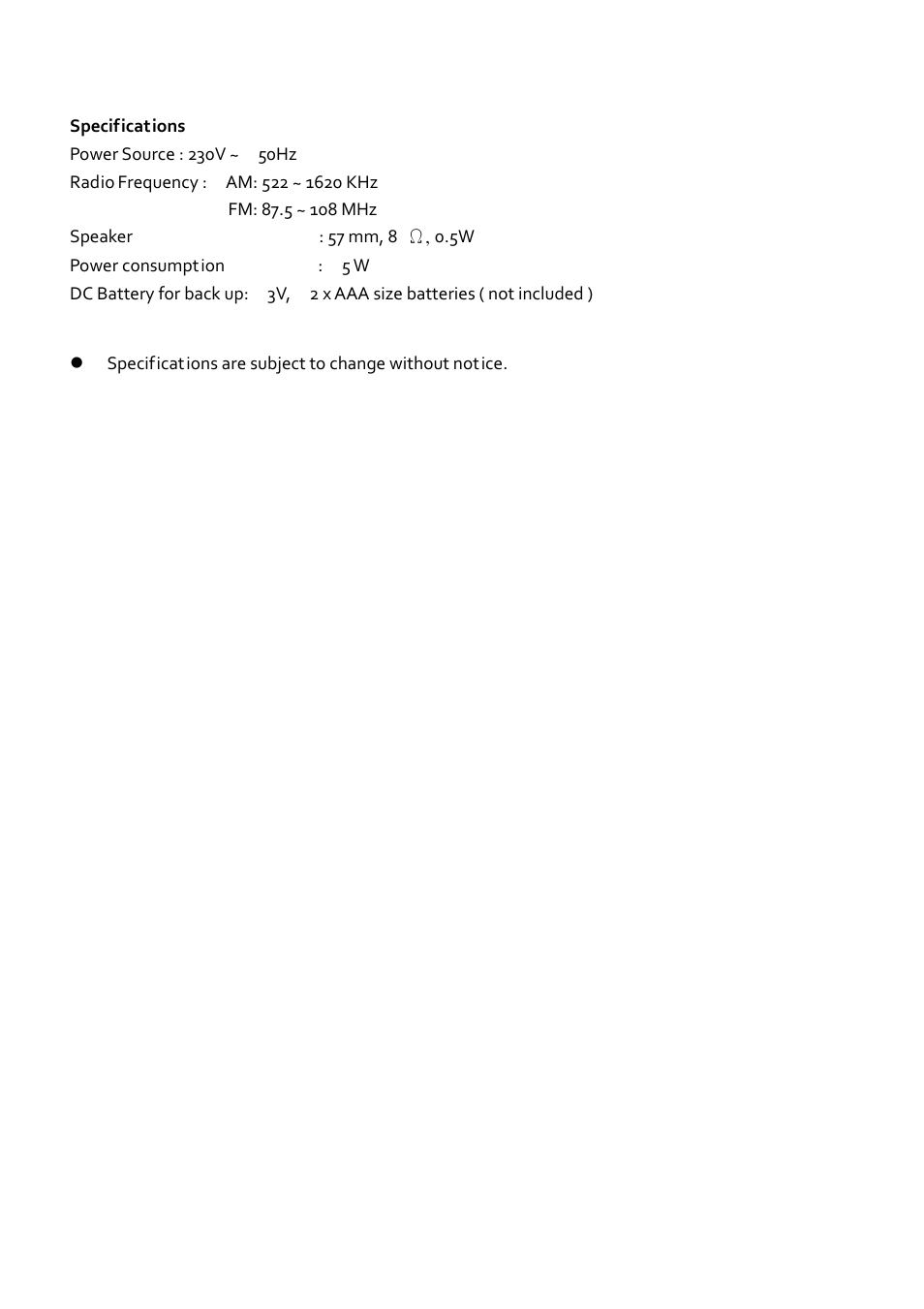Specifications | Mpman FRA202 User Manual | Page 8 / 58