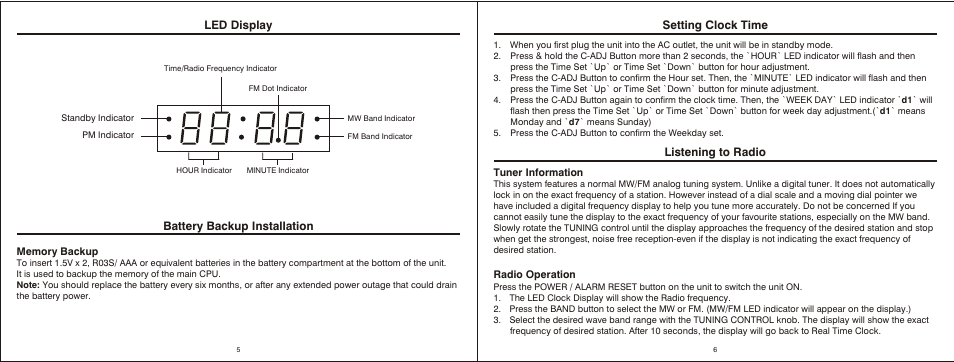 Т³гж 4, Led display battery backup installation, Setting clock time listening to radio | Mpman FRA200 User Manual | Page 4 / 6