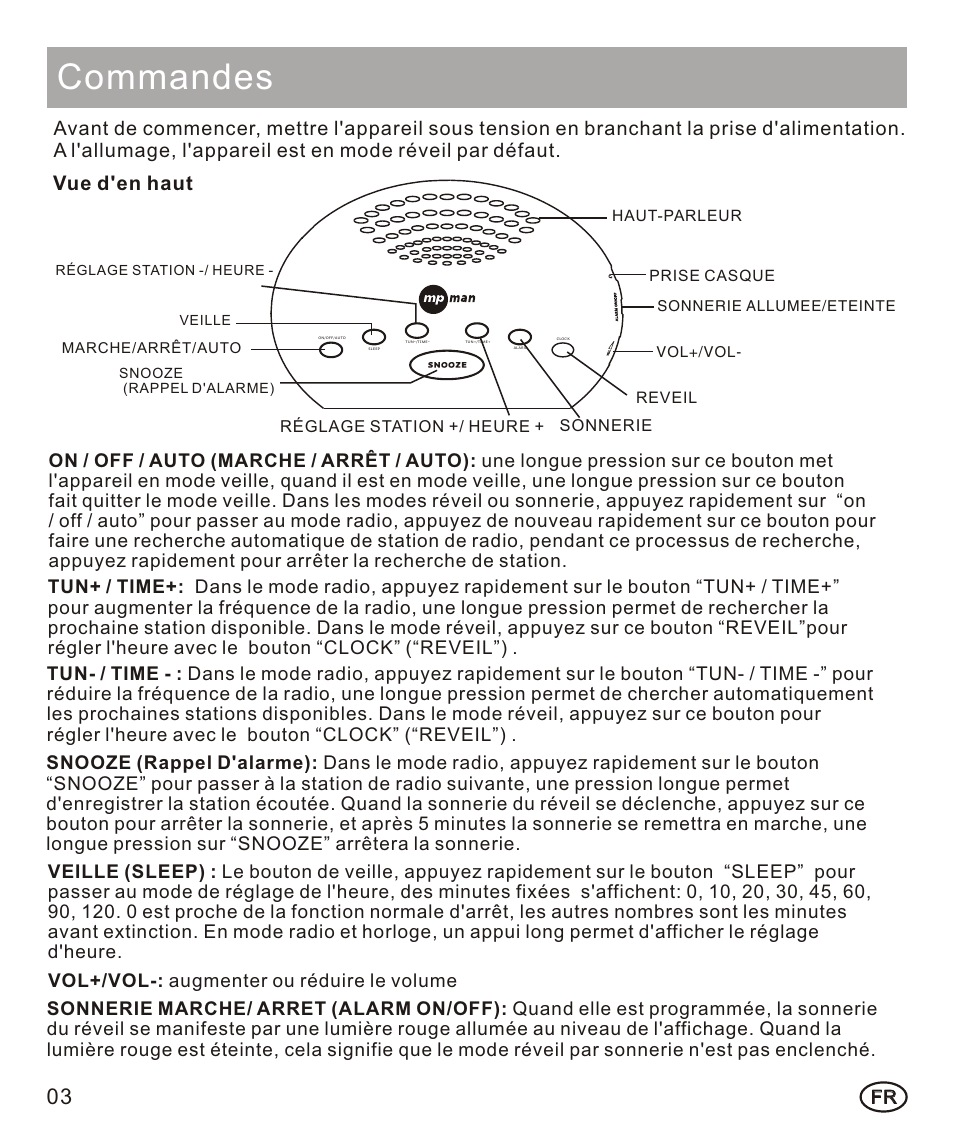 页面 10, Commandes, Vue d'en haut | Reveil sonnerie réglage station +/ heure, Haut-parleur prise casque | Mpman FRA102 User Manual | Page 10 / 32