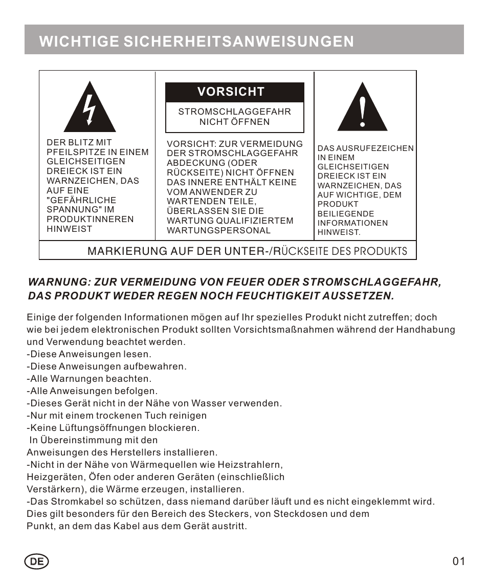 页面 13, Wichtige sicherheitsanweisungen, Vorsicht | Mpman FRA102 User Manual | Page 13 / 32