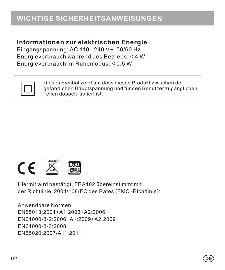 页面 14, Wichtige sicherheitsanweisungen, Informationen zur elektrischen energie | Mpman FRA102 User Manual | Page 14 / 32