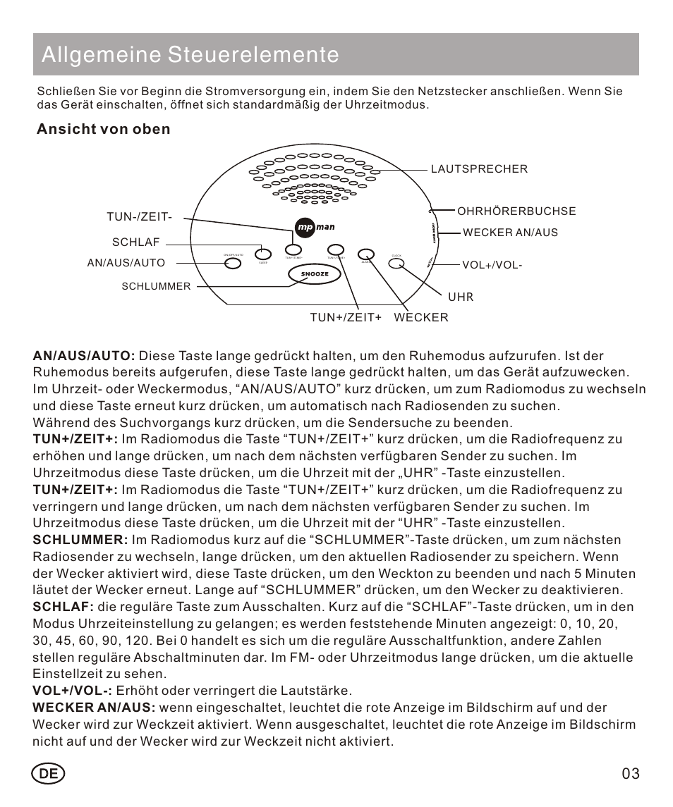 页面 15, Allgemeine steuerelemente, Ansicht von oben | Uhr wecker tun+/zeit+ schlaf, Lautsprecher ohrhörerbuchse tun-/zeit, An/aus/auto wecker an/aus vol+/vol, Schlummer | Mpman FRA102 User Manual | Page 15 / 32