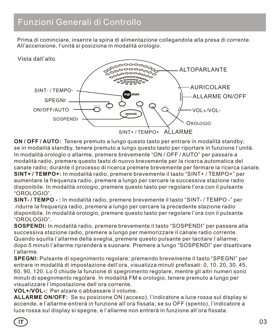 页面 25, Funzioni generali di controllo, Allarme | Allarme on/off, Altoparlante auricolare, Vista dall’alto, Spegni, Vol+/vol, Sint- / tempo, Sint+ / tempo | Mpman FRA102 User Manual | Page 25 / 32