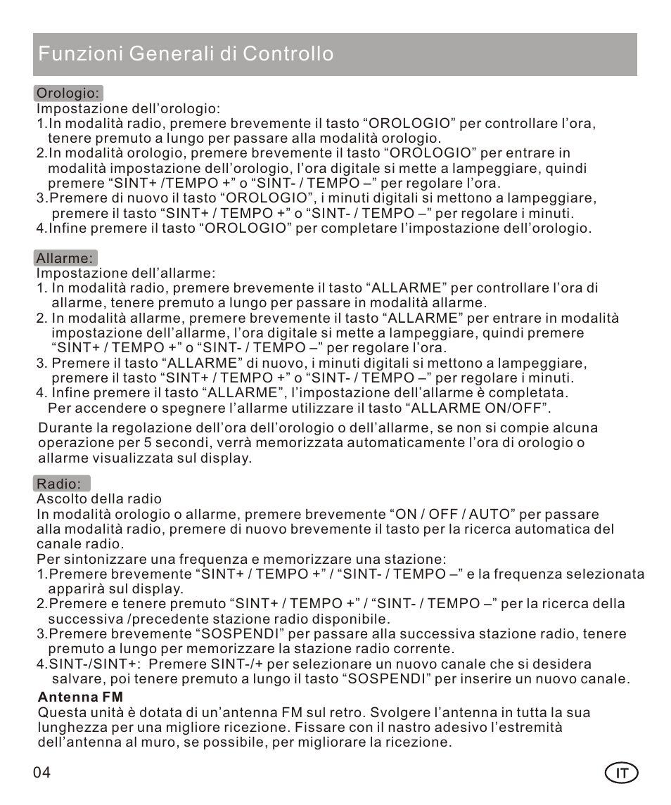 页面 26, Funzioni generali di controllo | Mpman FRA102 User Manual | Page 26 / 32