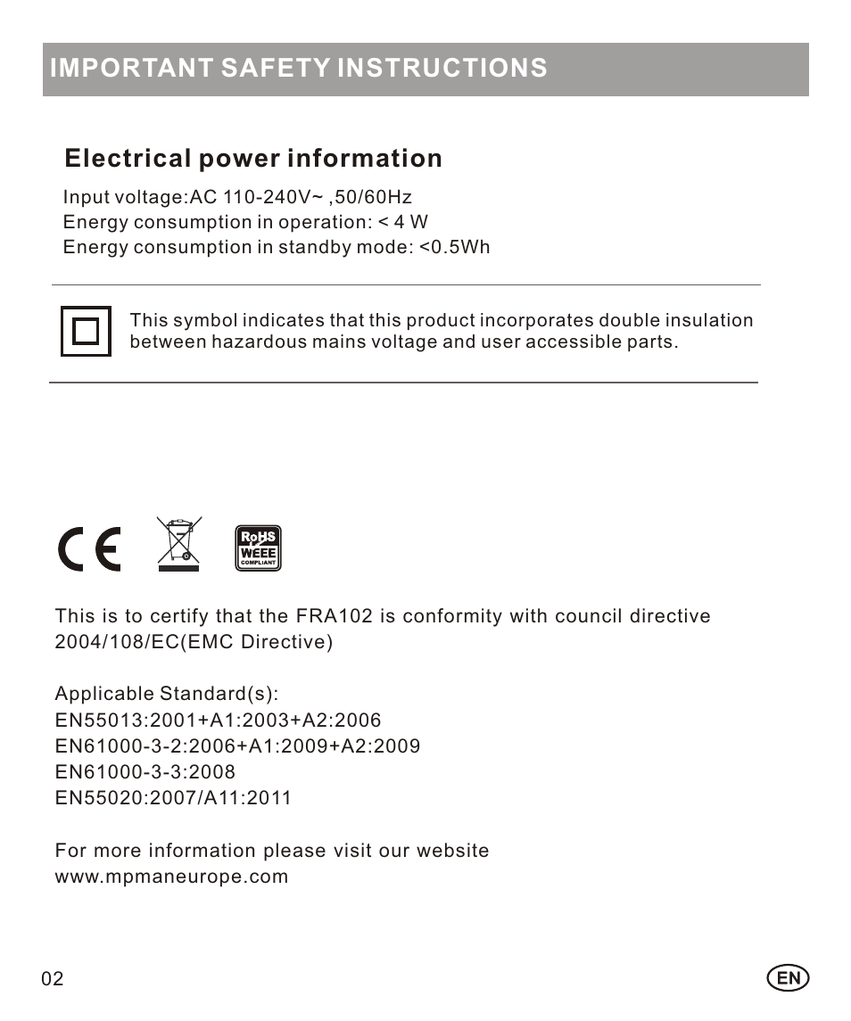 页面 4, Important safety instructions, Electrical power information | Mpman FRA102 User Manual | Page 4 / 32