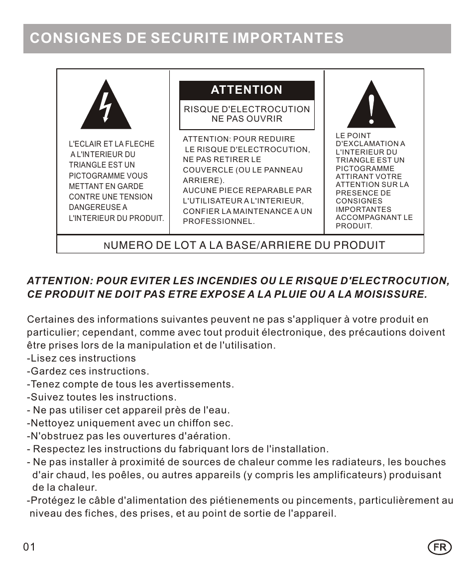 页面 8, Consignes de securite importantes, Attention | Mpman FRA102 User Manual | Page 8 / 32